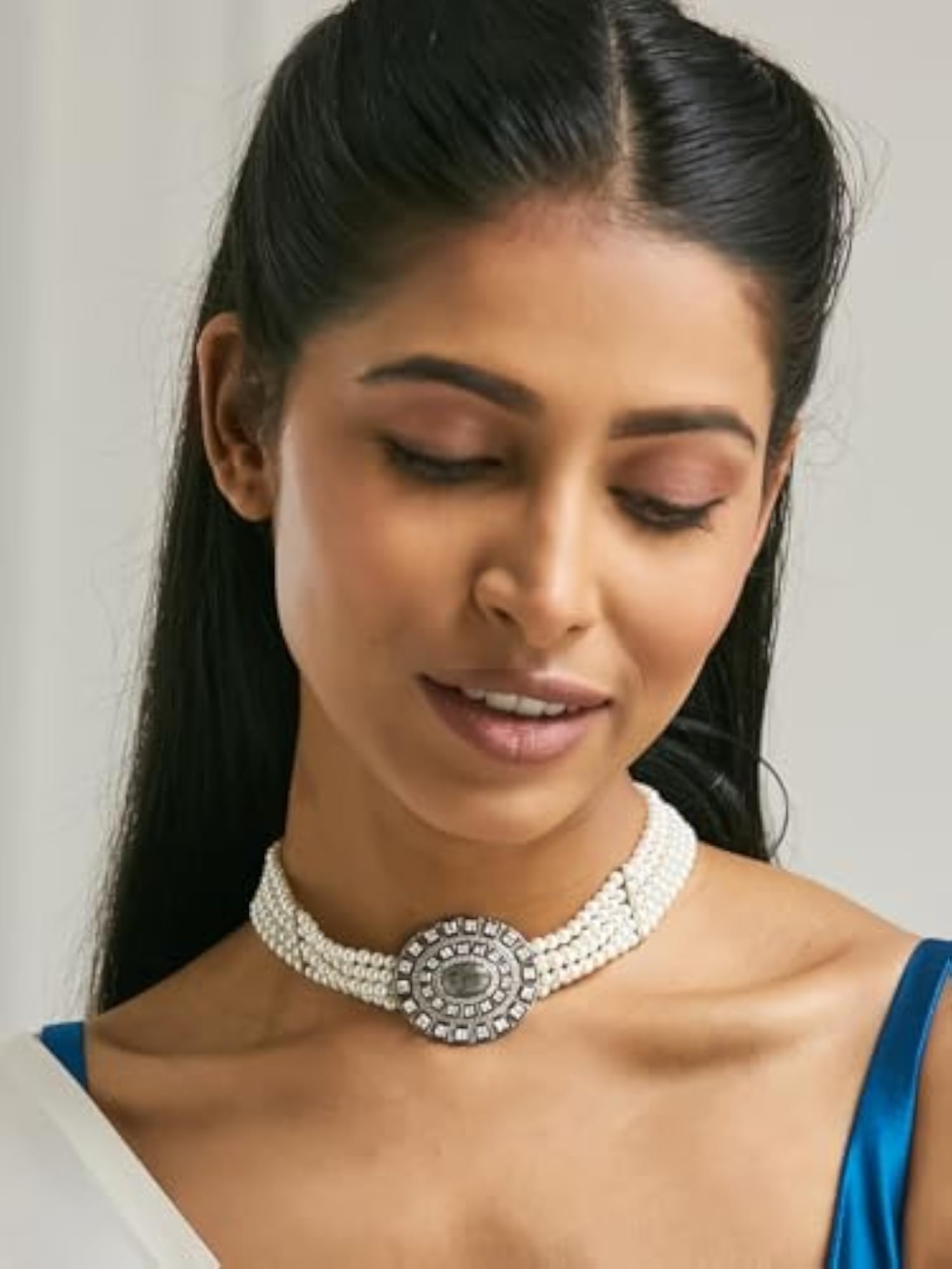 Gold-Plated Labradorite Stone & Enamelled Pearl Choker Necklace