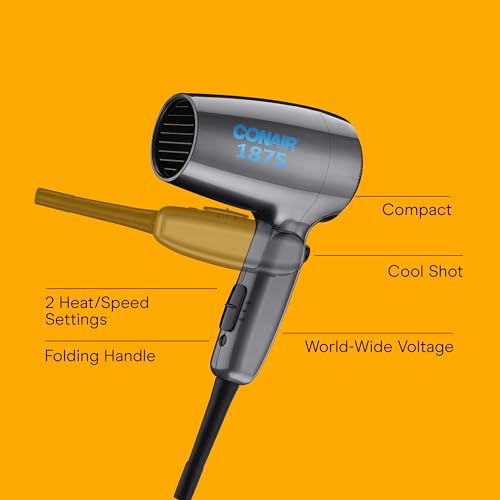 Conair Travel Hair Dryer with Dual Voltage, 1875W Compact Blow Dryer with Folding Handle, Gray by Conair - Image 2