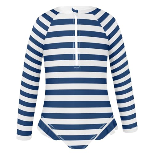 CaTaKu Girls Swimsuit One Piece Rash Guard Blue and White Striped Kids Bathing Suit Long Sleeve UPF 50+ Swimwear 3-12T2