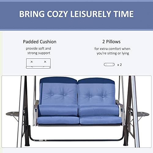 Image of Outsunny 2-Person Patio Swing Bench with Adjustable Shade Canopy, Soft Cushions, Throw Pillows and Tray, Dark Blue