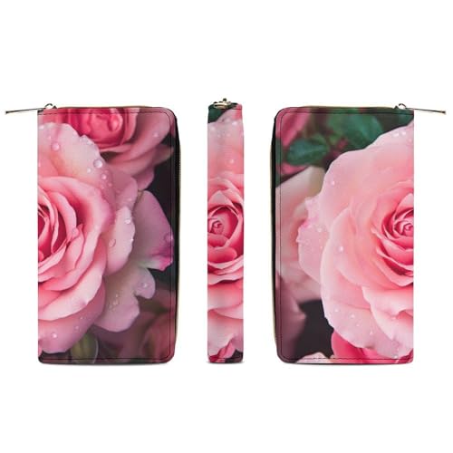 Pink Rose Print Long Wallet for Women Men PU Leather Card Holder Organizer with Zipper Coin Pocket & Cash Slots3