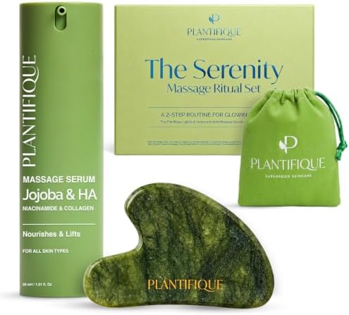 PLANTIFIQUE Massage Set: Jade Gua Sha & Korean Face Serum for Glowing Skin