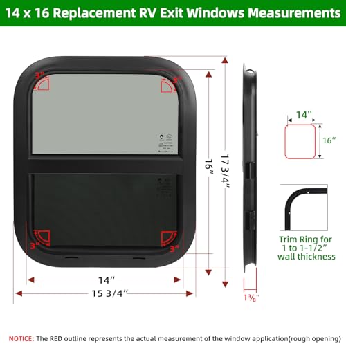 Image of 14 inchW x 16 inchH RV Windows for Cargo Trailer Camper,Tinted Vertical Sliding | Cargo Utility Trailer Window Replacement w /Screen&Trim Ring,Fit 15 /16 inch or 1-3 /8 inch Thick Wall,Allow Error 1 /16,DOT Approved