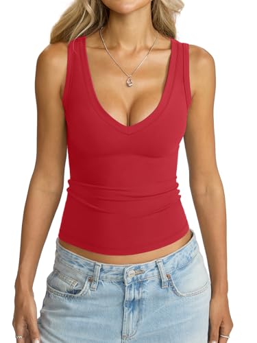 Image of Eachyes Womens V Neck Tank Tops Sleeveless Slim Fit Shirts Summer Going Out Fashion Outfit Clothes 2026
