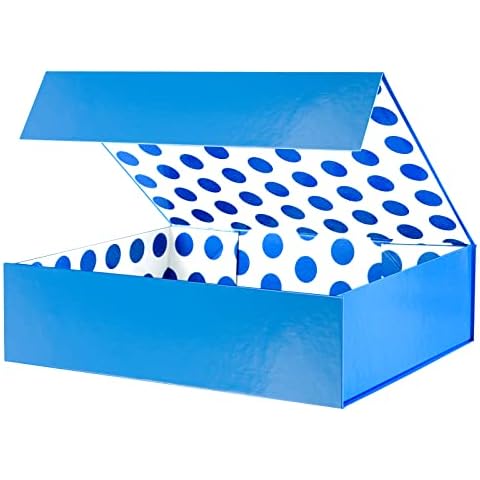 GREEN BEAN Gift Box 13x9.7x3.4 Inches, Large Blue Gift Box with Lid, Shirt Gift Box, Magnetic Gift Box for Gift Packaging (Glossy Metallic Blue, Polka Dot Design Inside) Cover