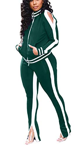 Sweat Suits for Women Set - Jogging Suits 2 Piece Outfits Zip Sweatshirt + Wide Leg Slit Pants Tracksuit Set Large Green
