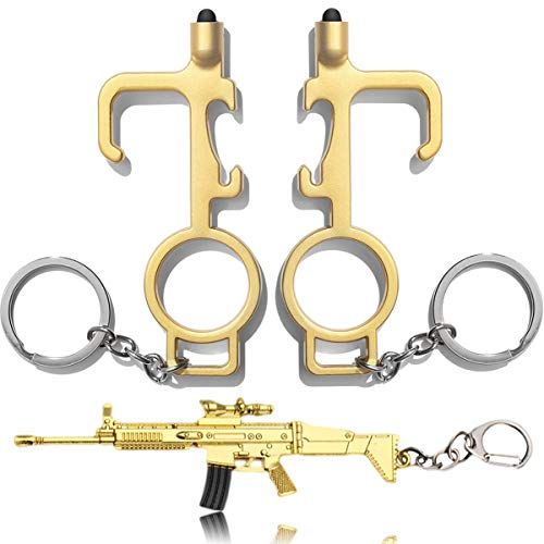 Miyobing Abre puertas sin contacto, 2x llavero higiénico antibacteriano, doble como abridor de botellas y herramienta de seguridad tipo lápiz táctil, sin botón + colgante de metal Scar-L Cover