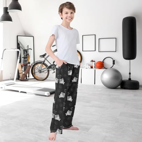 Boy's Pj Pants Sleep White Fish Pout Black Lounge Bottoms Elastic Waist Kids Joggers with Pockets Size 6-14 6