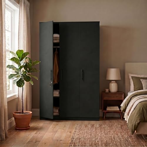 Image of FFO Kavisto 3 Door Wardrobe for Bedroom with Shelves, Hanging Space & Lock, Wooden Clothes Organizer Almirah for Home, Office & Kids Room Black DIY.