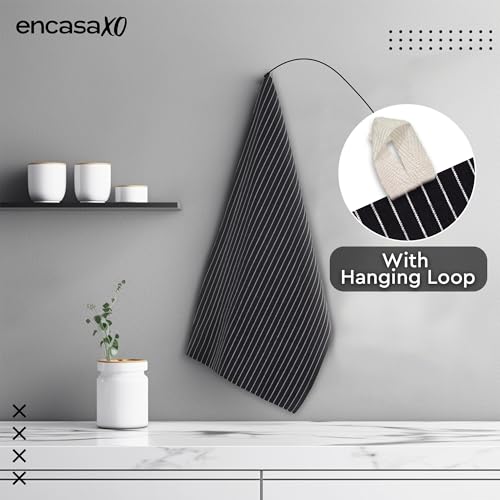 Image of Encasa XO Kitchen Towels Cotton Pack of 12 | 70x45 cm, Butcher Black - Dish Cloths | Highly Absorbent Cleaning & Wiping Cloths for Kitchen | Reusable Tea Towels