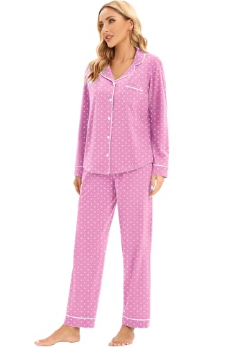 Image of LUBOT 100% Cotton Pajamas for Women Pajama Set Soft 2 Piece Sleepwear PJ Set Long Sleeve Knit Button Cozy Loungewear XS-XXL