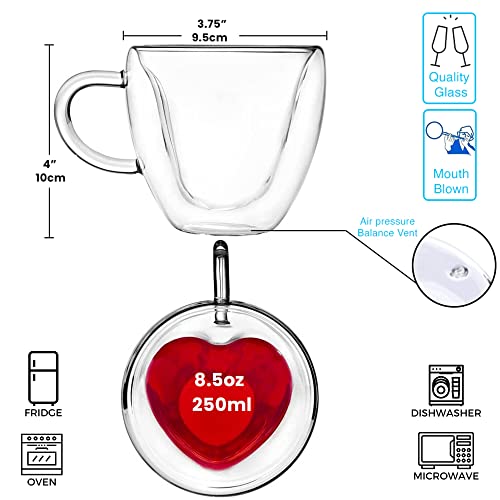 Hca Outdoors Double Walled Glass Coffee Mugs, 8.5Oz/250Ml Insulated Espresso Cups, Regular Shape Teacup, Clear Glasses Cappuccino Mug With Handle (Set Of 2) (Heart Shape) #TOP4