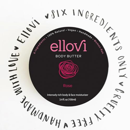 Ellovi All-Natural Body Butter - Rose - Pure Enough to Eat - Made With Just 6 Vegan Ingredients - Ultra-Rich 100% Plant-Based Hydrating Moisturizer For Naturally Healthy Skin (3.4 fl. oz/100ml)