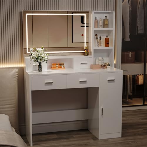 Hayiodda Vanity Desk with Mirror and Lights, White Makeup Vanity with Adjustable LED Mirror, Small Vanity Table with Charging Station & Storage