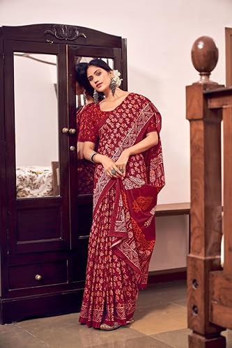 Image of Ikkat Hand Print Soft Mul Cotton Lightweight Saree with Blouse Piece, Multicolour