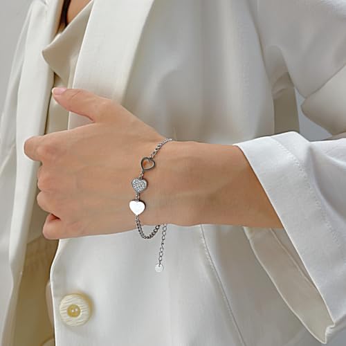 Image of Fashion Stainless Steel Cubic Zirconia Hearts Charm Link Chain Bracelet(White)