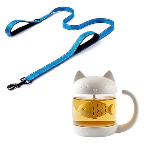 Heavy Duty Dog Leash(Dark Blue, 6 ft) with Cute Cat Glass Cup Tea Mug with Fish Tea Infuser Strainer Filter Cover