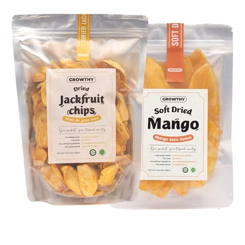 Growthy Dried Jackfruit Chips 250G & Soft Mango Slices 200G, Premium Tropical Snack Combo Pack, Made From 100% Natural Fruits, Gluten-Free, Healthy & Delicious fof Kids and Adult.