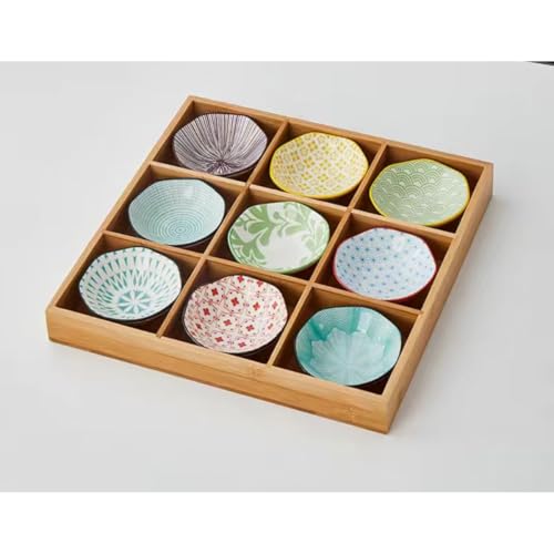 kxzlhaa 小皿セット和風 お皿 小皿セット 竹トレイ 陶器 前菜皿 アイスクリーム ソース皿 深型 セラミック仕切り付き 天然木 9点 小鉢 火鍋 焼肉屋 寿司屋 食洗機 醤油皿 前菜皿 盛り鉢 和食器 (D)