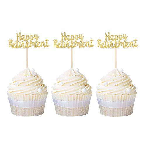 Morndew 24 Pcs Gold Glitter Happy Retirement Cupcake Toppers For Retirement Party Sign-Going Away Party Farewell Party Office Work Party Decoration Supplies #TOP18