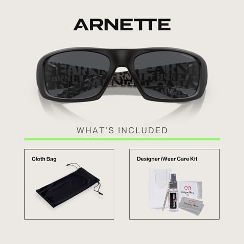 Image of ARNETTE Hot Shot AN4182 Rectangle Sunglasses for Men | In Shiny Black & Rubber Black. Polarized options available. Bonus kit: cleaning spray, cloth, screwdriver & mirror.