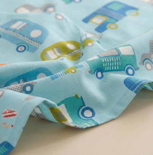 Image of RD FABS Glace Cotton Wrinkle Free Soft Hypoallergenic Double Bed King Size Bedsheet with 2 Pillow Covers, Cartoon Printed for Kids Room Boys Girls, 90x95 Inches, Sky Blue, Car Bus Design, 144 TC