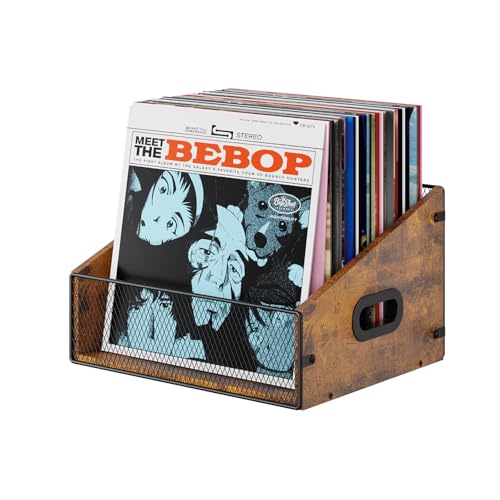 Yuzehuaza Vinyl Record Storage Holder, Trapezoidal LP Vinyl Record Crate with Handle, Wood & Metal Album Storage Desktop Organizer Box for Books Files, Rustic Brown