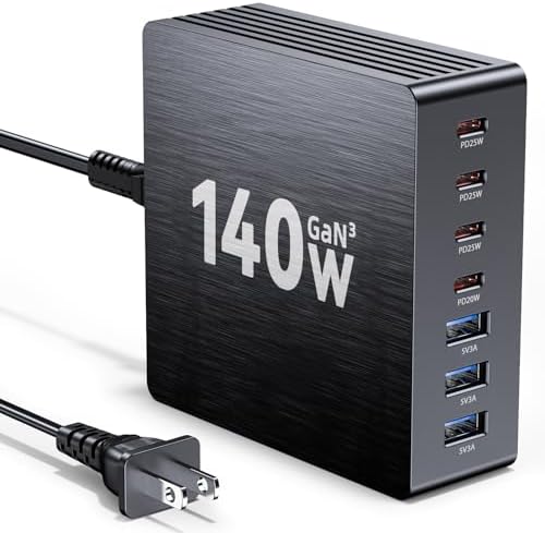 140W USB C Charger Block, GaN III 7 Port Fast Charging Station, PD 3.0 USB Wall Charger for Multiple Devices, Portable Power Strip Laptop Charging Hub Travel Adapter for iPad iPhone Samsung Android