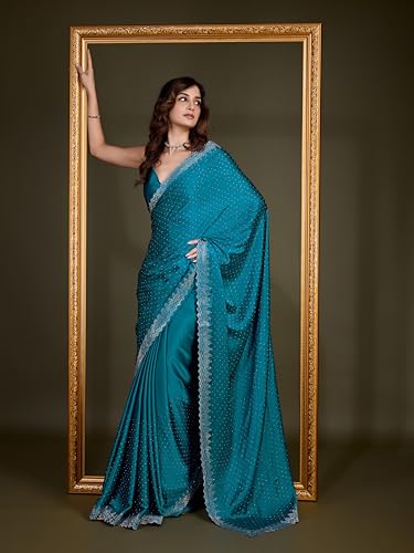 Image of TRENDMALLS Women's Satin Silk Siroski Zarkan Work Saree with Unstitch Blouse Piece