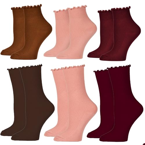 6 Pairs Ruffle Socks for Women Cute Frilly Ankle Socks Solid Color Casual Dress Sock(3 Pairs Long + 3 Pairs Short)