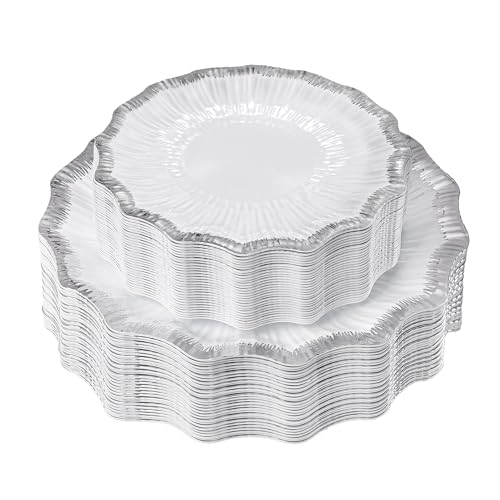 DaYammi 60Pcs White Plastic Plates with Silver Rim,Silver Disposable Plates - Heavy duty Plastic Plates Include 30 Dessert Plate,30 Dinner Plate,White silver Scalloped plates for Party Wedding
