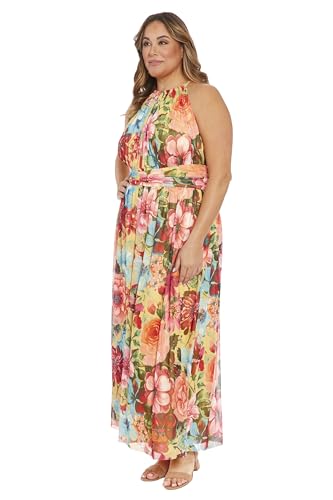 Image of London Times Women's London Times Mesh Halter Maxi Dress with Ruched Waistband Flowy Bohemian Beach Dresses