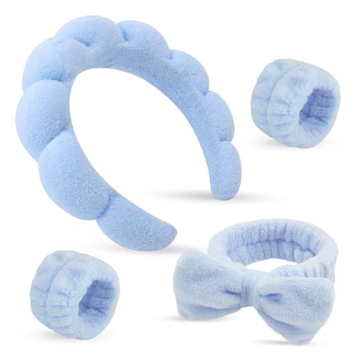 Spa Headband & Wristband Set for Washing Face, Absorbent Terry Cloth Makeup & Skincare Headband, Non Slip Puffy Sponge Hair Band, No Drip Keeps Hair Back for Women and Teen Girls (Blue)
