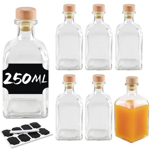 BLIENKREBY 6x Glasflaschen 250 ml mit Korken Leere, Glasflaschen zum Befüllen, Likörflaschen zum Befüllen, 8 Schwarze Etiketten mit Stift, mit Flüssigkeiten wie Öl, Essig und Spirituosen