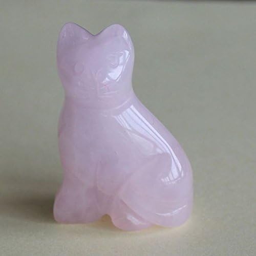 40mm Hand Carved Pink Quartz Gemstone Cat Figurine Statue Stone Carving 1.6"