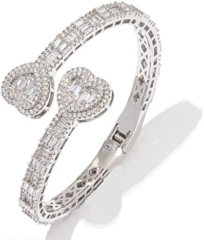 Lulu Mel Iced Out Baguette Diamond Bracelet Jewelry for Women, Hip Hop Mens 14k Gold Silver Plated Cubic Zirconia Bangle Bracelet, Girls Heart Cuff Bracelet With Jewelry Box (Silver Heart, 8inch)