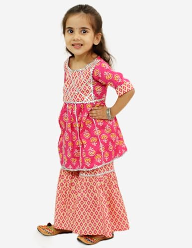 Baby Girls Cotton Sanganeri Printed Frock Style Kurti With Printed Sharara Dress4