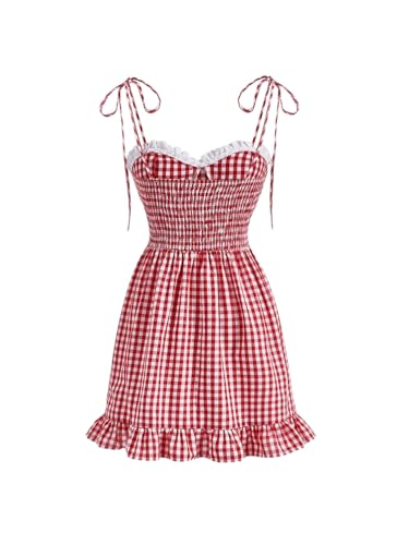 Floerns Women's Gingham Print tie Shoulder Sleeveless Ruffle Hem cami Dress2