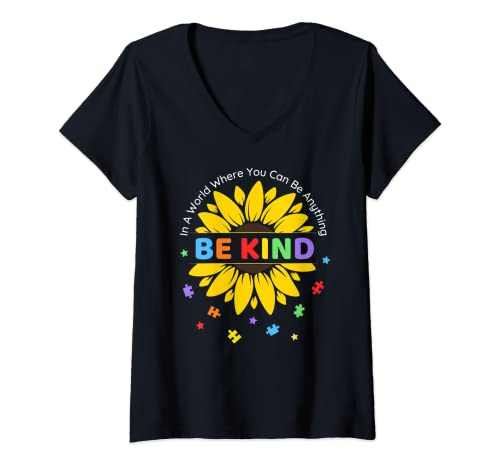 Mujer Be Kind Autism Awareness Puzzle Pieces Sunflower Boys Girls Camiseta Cuello V