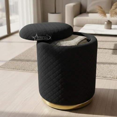 Image of Premium Round Storage Ottoman Stool 16 X 16X 19 inch, with Gold Metal Base | Luxury Pouffe with Hidden Storage | Cushioned Footrest for Living Room, Bedroom & Lounge Black