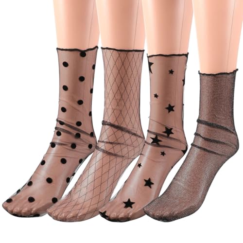 BESTOYARD 4 Pairs Women Ankle High Socks Sheer Slouch Socks Transparent Lace Socks, Black, Medium