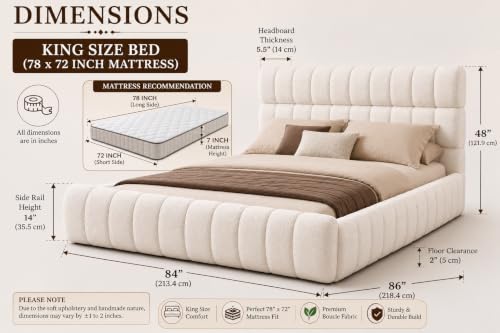 Image of Crafts Luxury Upholstered King Size Bed with Box Storage | Premium Boucle Fabric Platform Bed, Wooden Double Cot for Bedroom, Sheesham Wood, 6.5 x 6 Ft, White