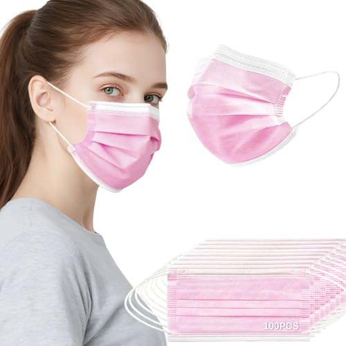 100 PCS Pink Disposable Face Mask - 3 Ply Filter Protection Face Masks with Elastic Earloops for Home Office School and Outdoors Comfortable Soft Breathable Daily Use