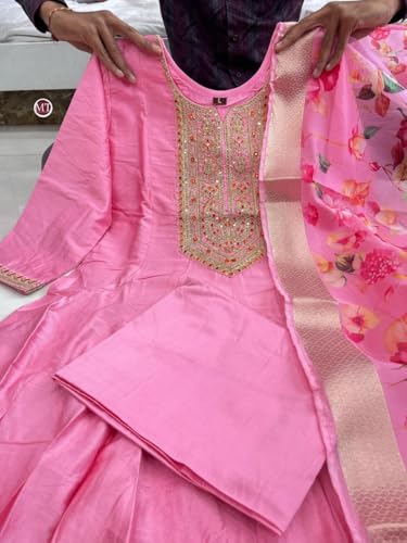 Image of by Pink Anarkali Flared Kurti Pant Dupatta Suit Set.