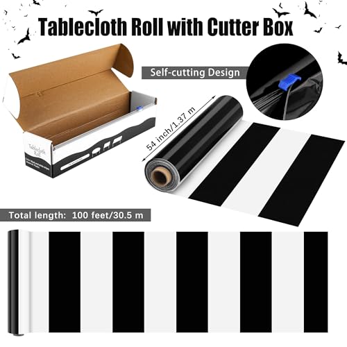 Image of Kochorie 100 Ft x 54 Inch Black & White Striped Tablecloth Roll with Cutter Box Disposable Halloween Plastic Tablecloth Cut to Size Table Cover Backdrop for Halloween Backdrop Stage Party Supplies