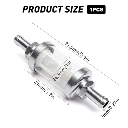 Universal Inline Kraftstofffilter 7mm, mza Benzinfilter mit Glasgehäuse für klare Durchflusskontrolle, langlebiger Aluminium-Ölfilter silber, benzinfilter glas für Motorrad, Auto, ATV, Roller