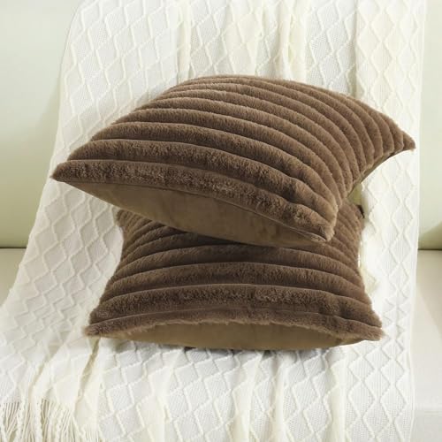 Image of MONKDECOR Single Sided Faux Fur Plush Throw Pillow Covers 12x12 Set of 1 Fuzzy Striped Soft Cozy Pillowcase Luxury Decorative Pillows Square Shaggy Cushion Covers for Couch Sofa Bed, Brown Color
