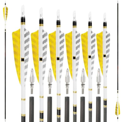 SHARROW 6/12P 32 Pollici Freccia in Carbonio 100% Puro Spine 250-600 Frecce da Tiro con L'arco Freccia da Caccia con 4" Piuma Naturale Frecce Carbonio per Arco Ricurvo Arco Composto (SP 500, 12Pcs)