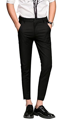 Plaid&Plain Men's Slim Fit Dress Pants Tapered Skinny Dress Pants 7603Black 30X26
