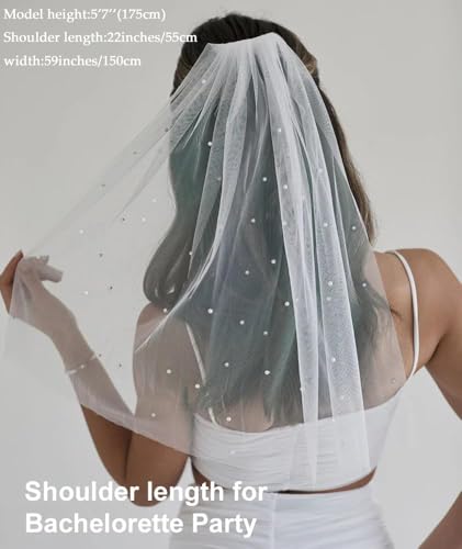 Elawbty Véu De Noiva Com Comprimento De Capela De Pérolas De 1 Camada Com Pente De Metal Branco F55